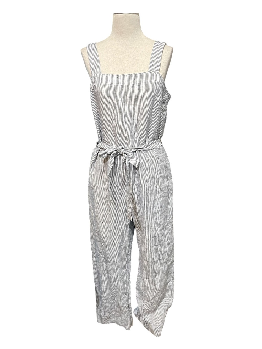 Quince 100% European Linen Square Neck Jumpsuit in blue pinstripe pattern Size M - Picture 3 of 13